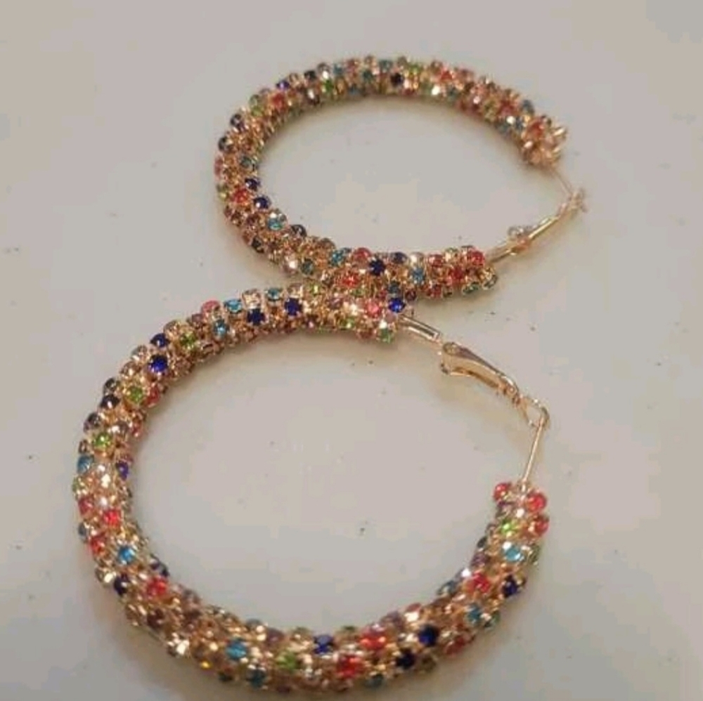 Colorful Rhinestone Hoop Earrings - Picture 4 of 7